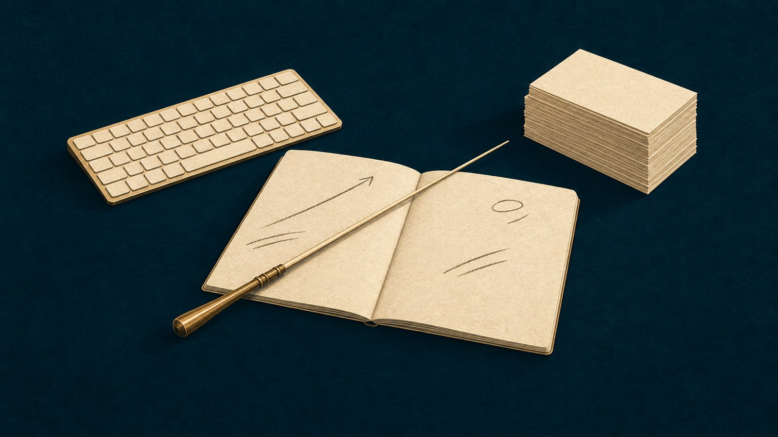 A gold conductor’s baton across an open notebook, beside a keyboard and a stack of paper on a navy background.