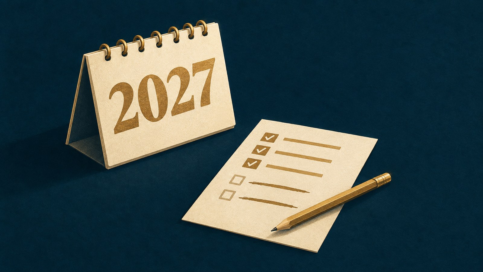 A cream 2027 desk calendar beside a short planning checklist and gold pencil on a navy background.