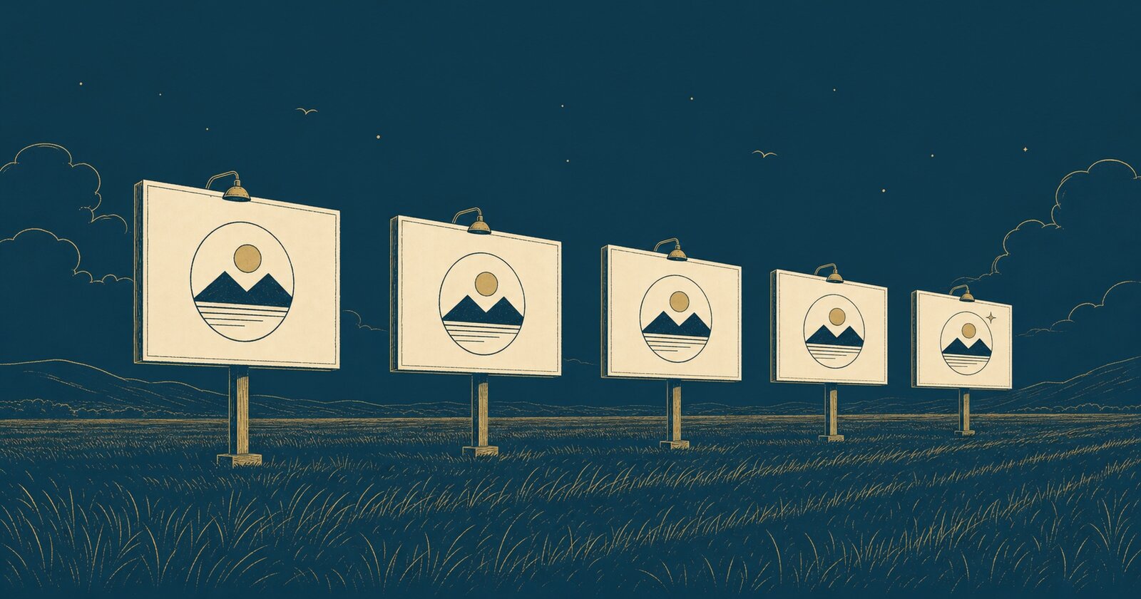 Row of nearly identical illuminated billboards in a field — illustrating positioning sameness