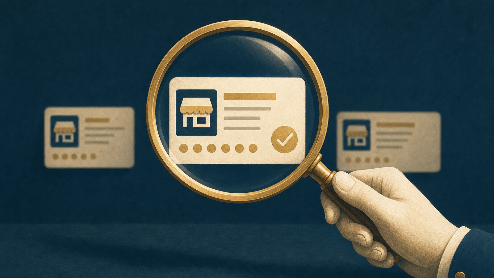 Editorial illustration: a magnifying glass zooming in on a local business listing card, with two competitor listings out of focus behind — local AI visibility