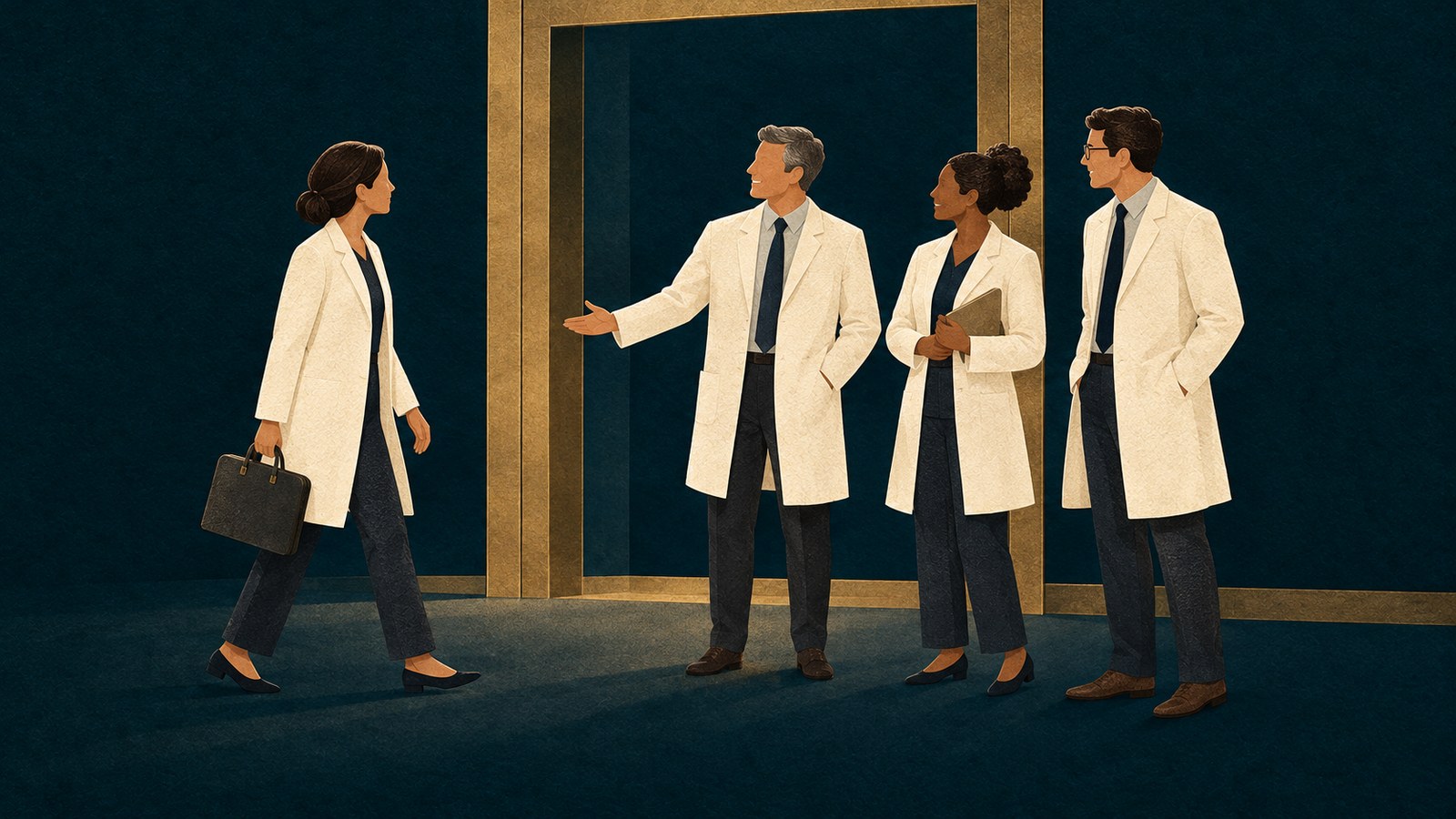 A physician carrying a briefcase is welcomed by three colleagues through a gold-framed doorway on a navy background.
