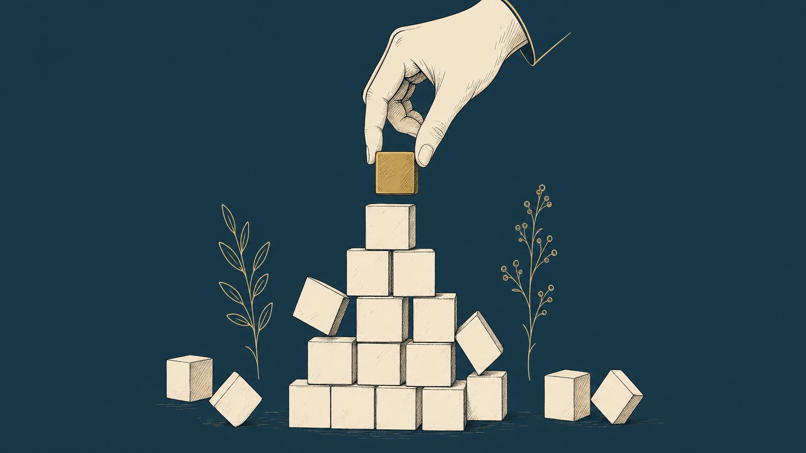 Editorial illustration: a hand placing a gold block atop a partially-stacked tower of cream blocks—post-acquisition integration